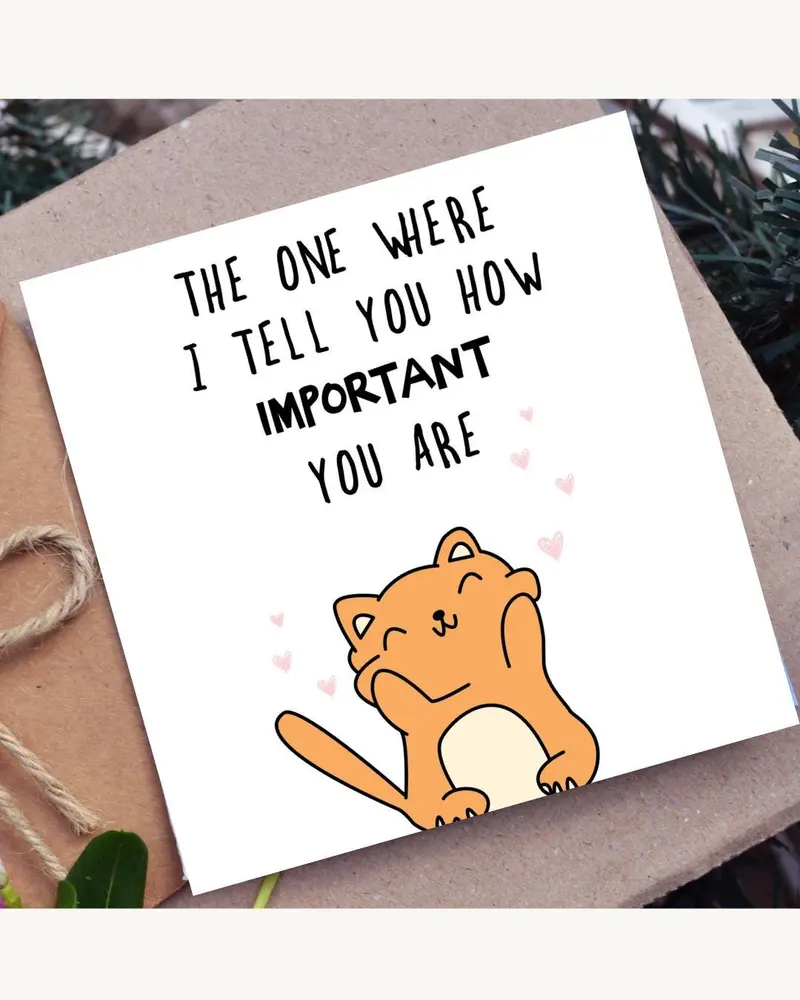 A white greeting card with the text "THE ONE WHERE I TELL YOU HOW IMPORTANT YOU ARE" and an orange c