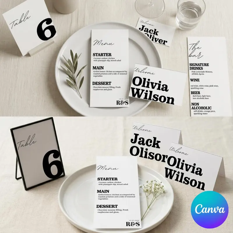 A selection of wedding or event stationery, featuring table number cards with the number 6, menu car