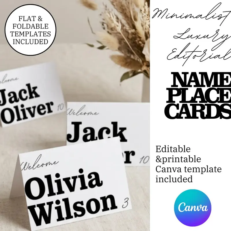 White place cards with black text displaying names and numbers. The cards are arranged on a neutral 