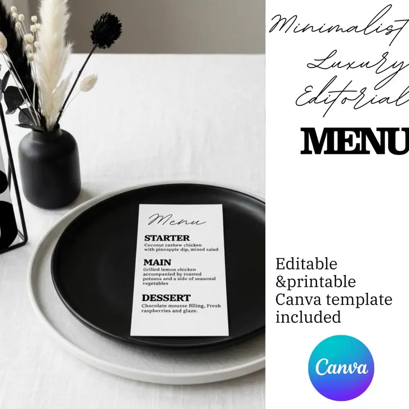 A minimalist menu card on a black plate, with a starter, main course, and dessert listed. The menu i