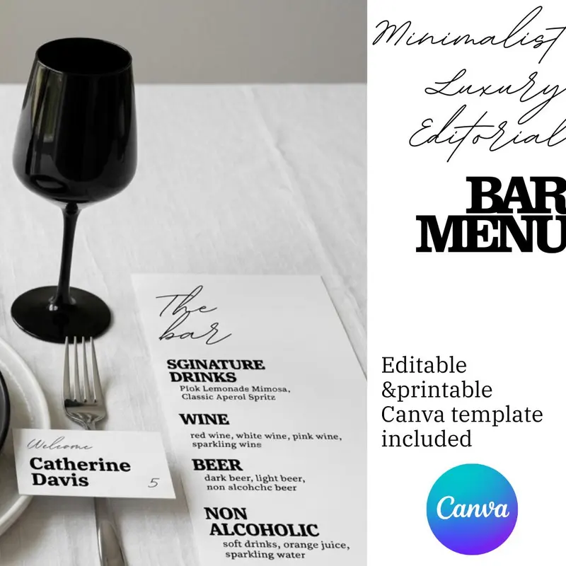 A black wine glass, fork, and place setting with a white menu card that reads "The Bar" and lists dr