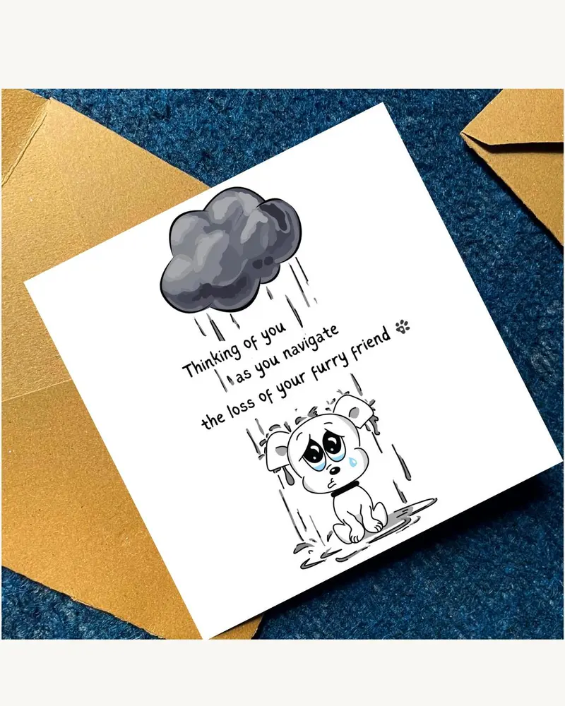 A white card featuring a cartoon of a weeping puppy beneath a rain cloud. The text reads: "Thinking 