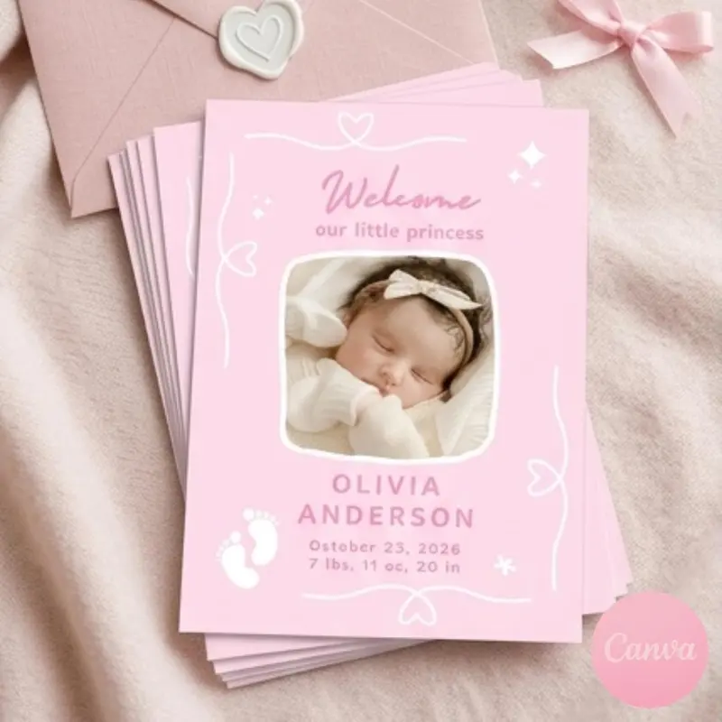 Pink baby announcement cards with the text "Welcome our little princess" and a photo of a sleeping b