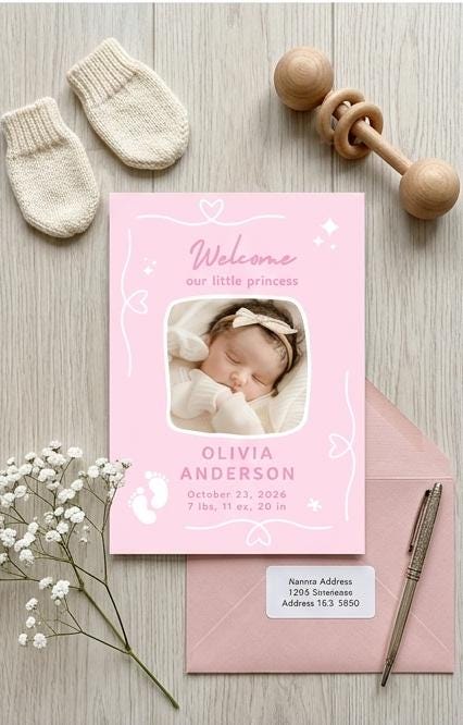 Baby Girl Birth Announcement Card Template — view 2