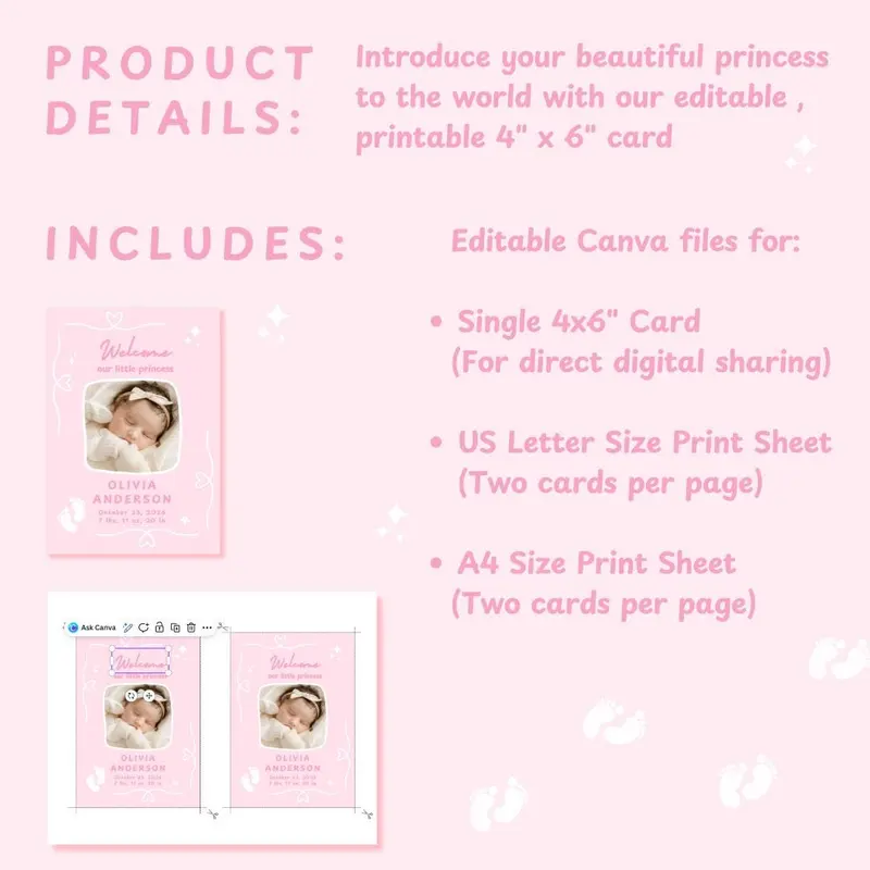 Baby Girl Birth Announcement Card Template — view 5