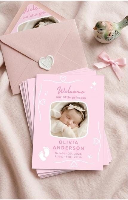 Baby Girl Birth Announcement Card Template — view 6
