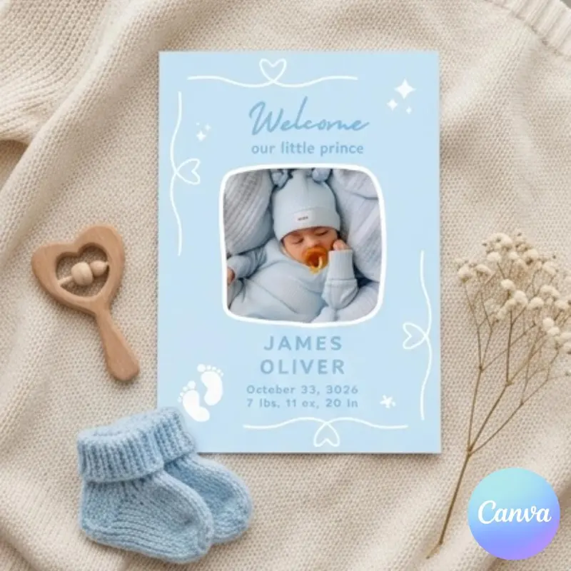 A baby announcement card with a photo of a newborn baby in a blue outfit. The card says "Welcome our