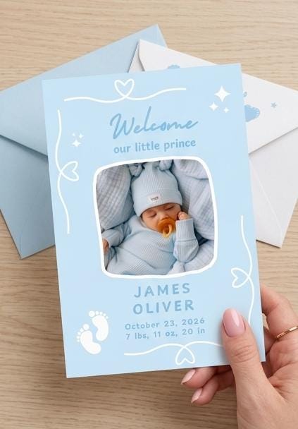 Baby Boy Birth Announcement Card Template — view 2