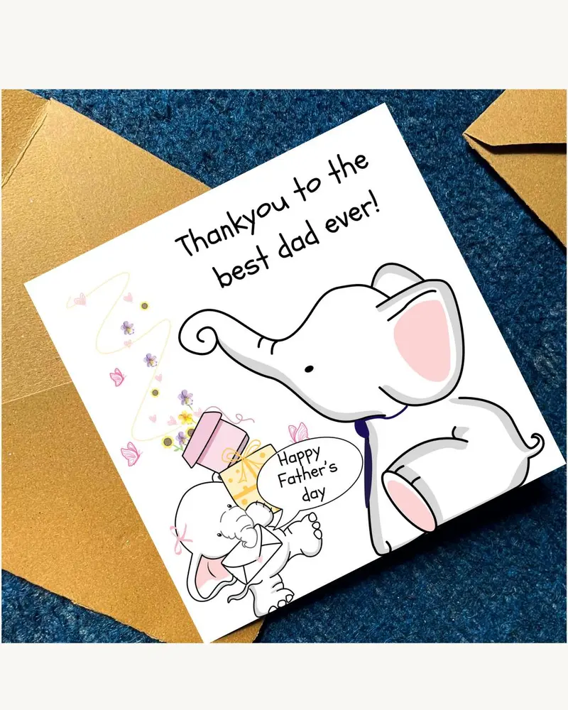 A square greeting card with a white background featuring a cartoon illustration of two elephants. Th