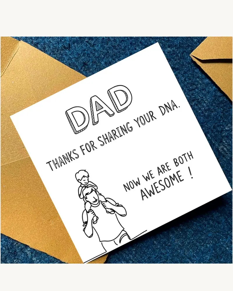 A square white greeting card featuring black line art and text which reads: DAD THANKS FOR SHARING Y