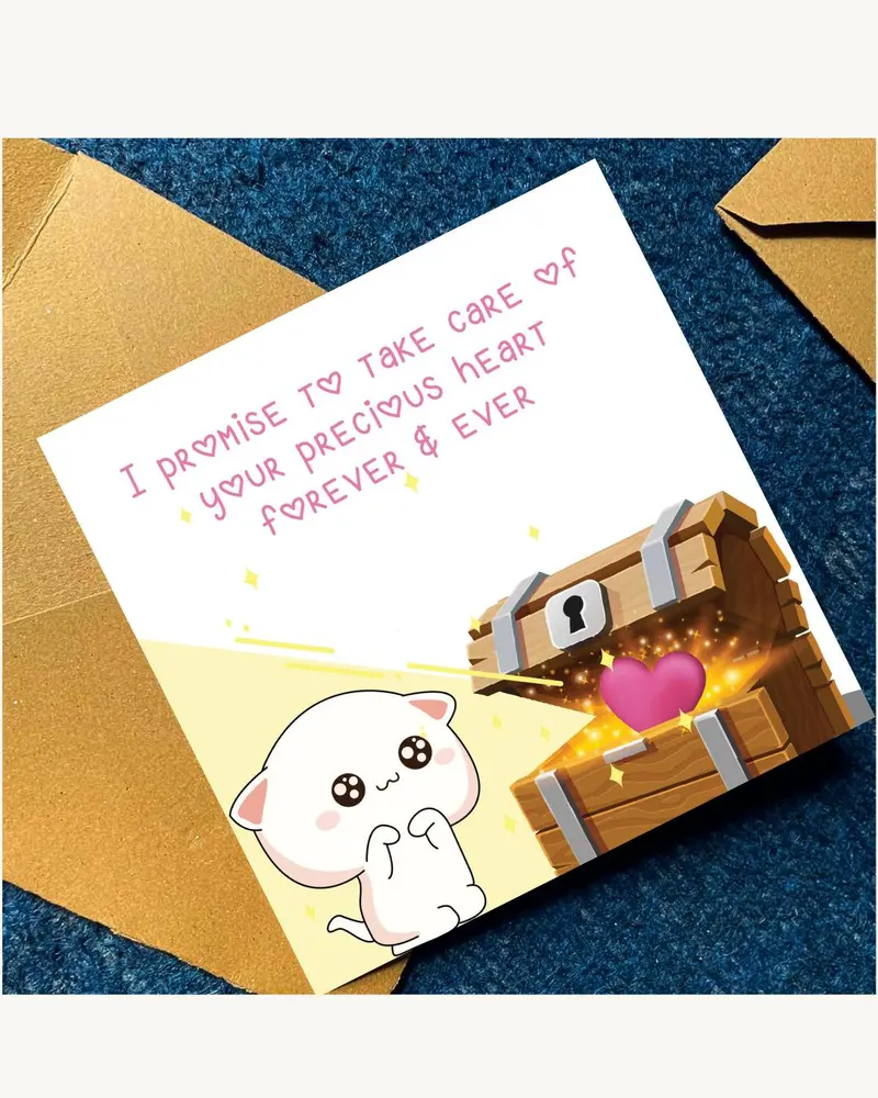 A white greeting card featuring a cartoon white cat with large eyes and a wooden treasure chest cont