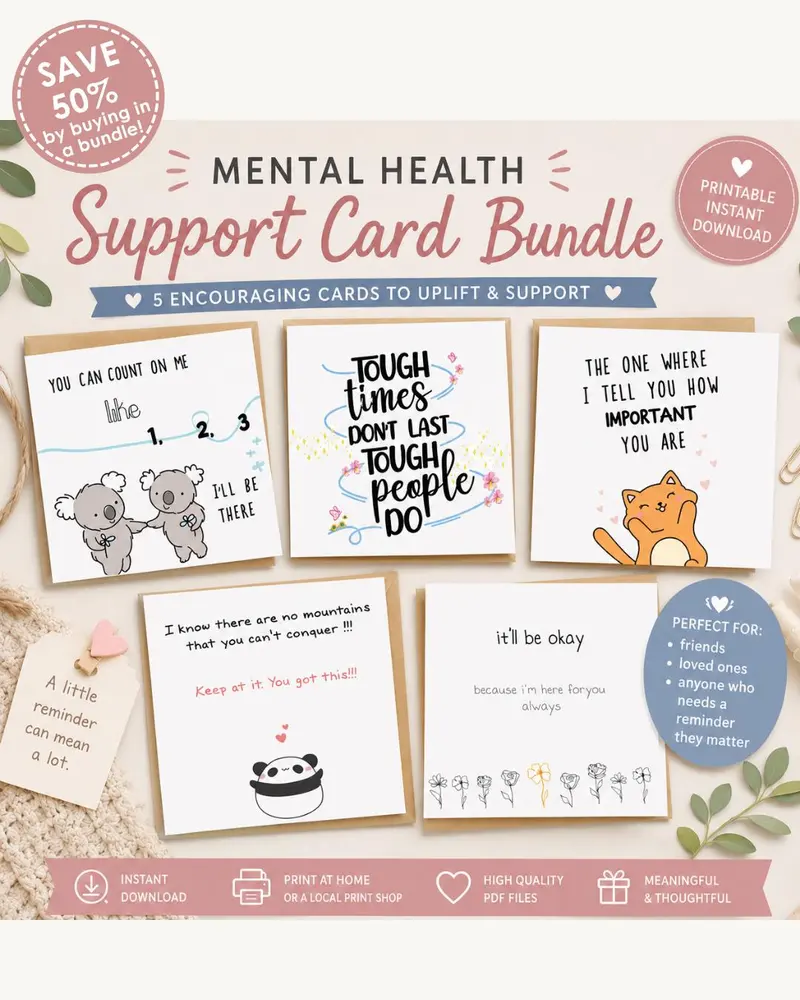 A mental health support card bundle featuring five square cards with encouraging text and illustrati