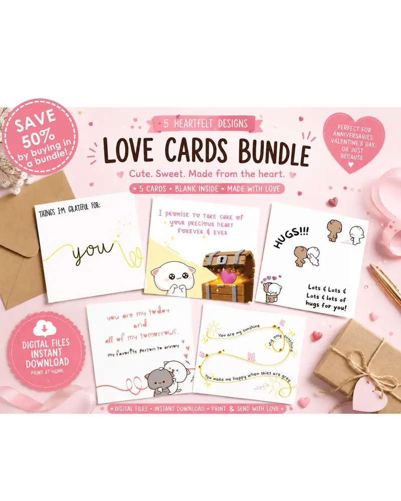 A bundle of five square greeting cards featuring various illustrations and text including "Things I'