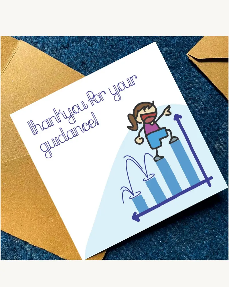 A square greeting card with a white background featuring the text Thankyou for your guidance! in pur